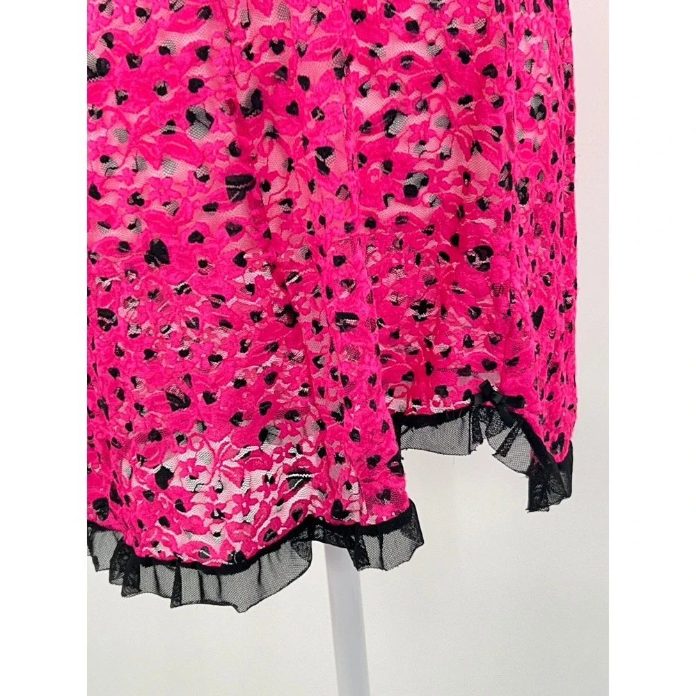 Hot Pink Heart Print Sheer Lace Layering Slip Dress Chemise Coverup Size L